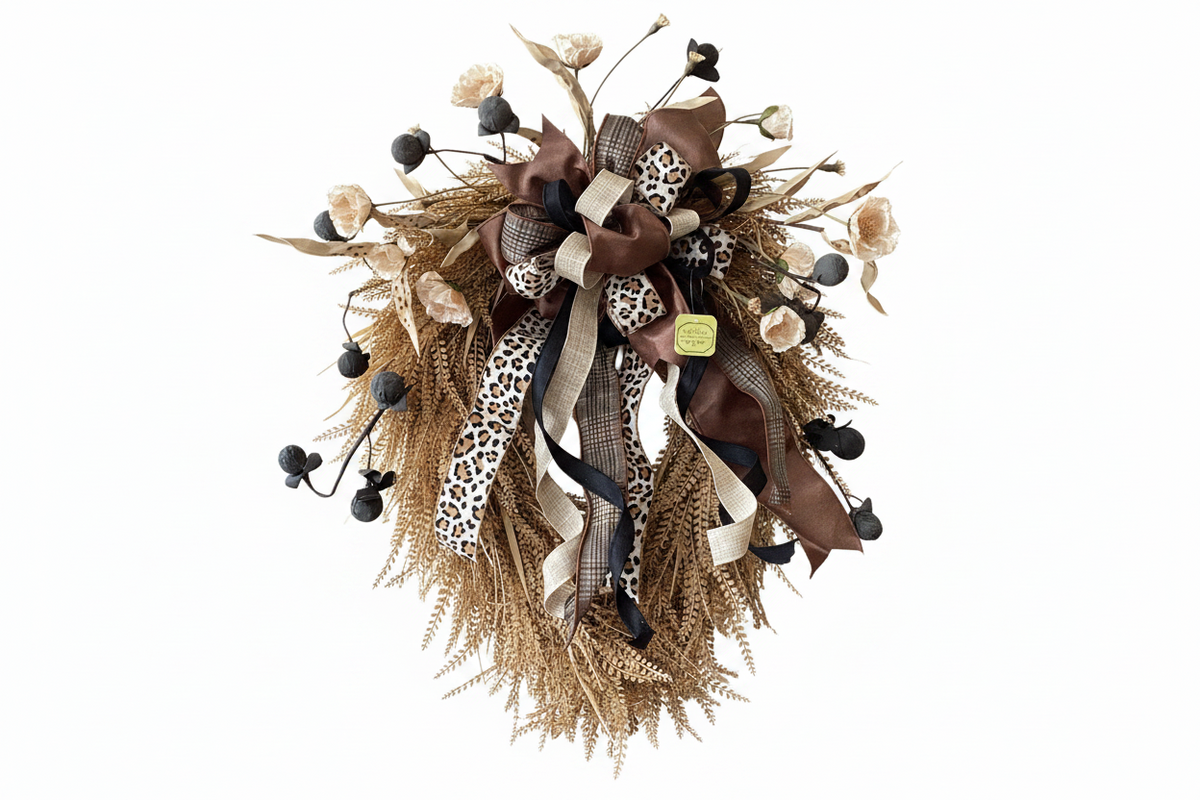 Fall Wreath - Bead Grass Oval/Cheetah Ribbon