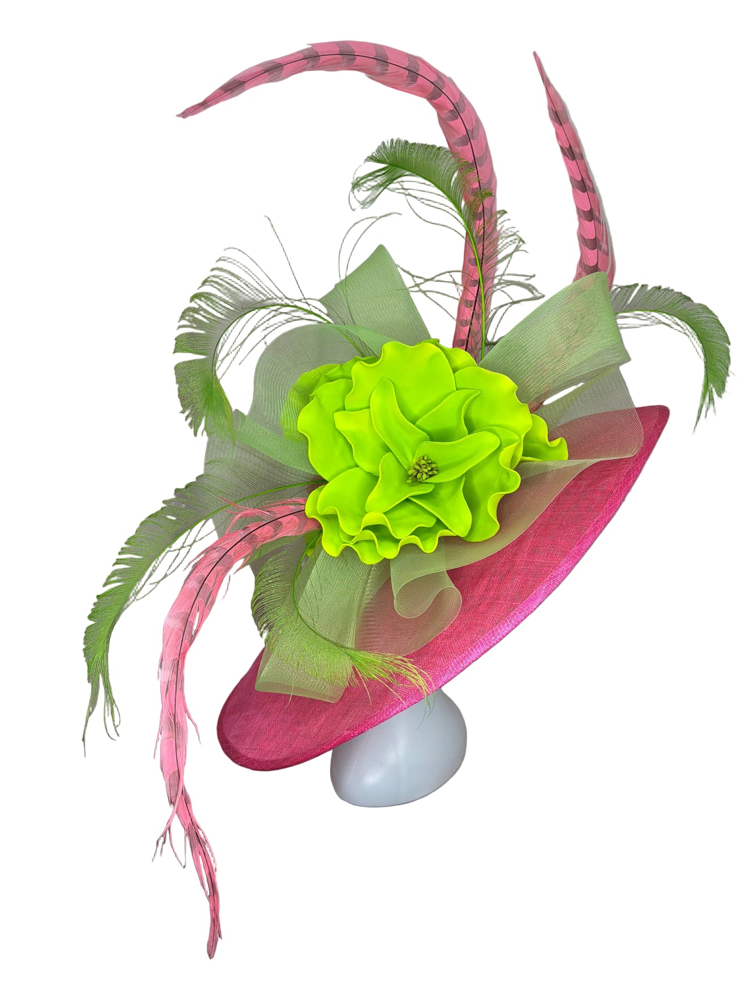 Decorative hair clip with pink and green feathers and a yellow flower on a gray background