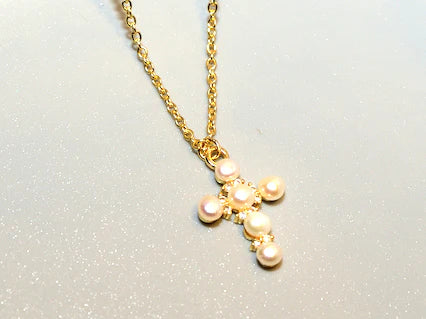 Meghan Browne Necklace: ABE GP Gold Pearl Cross Pendant