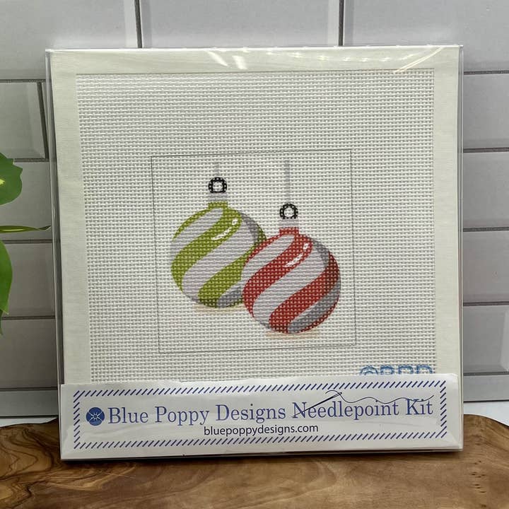 Red and Green Striped Ornaments Needlepoint Kit