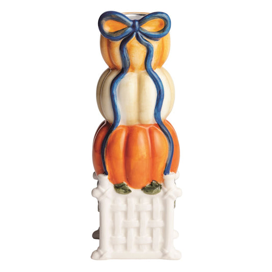 Large Topiary Taper Holder - Pumpkins with Blue Bow
