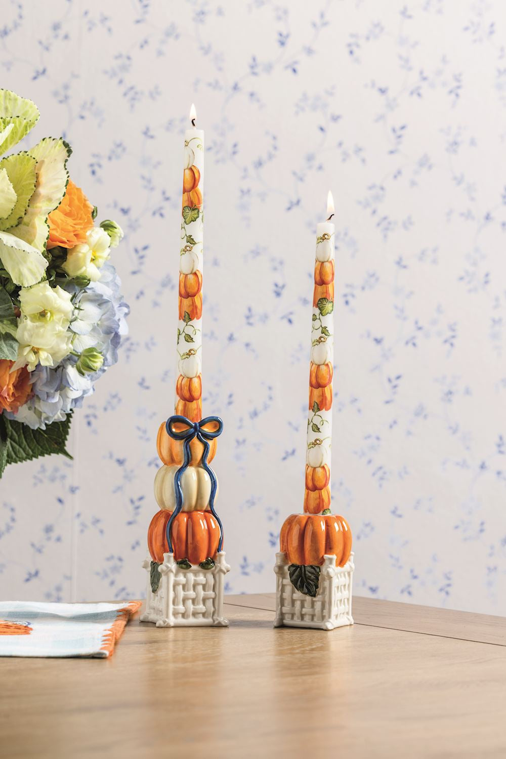 Large Topiary Taper Holder - Pumpkins with Blue Bow