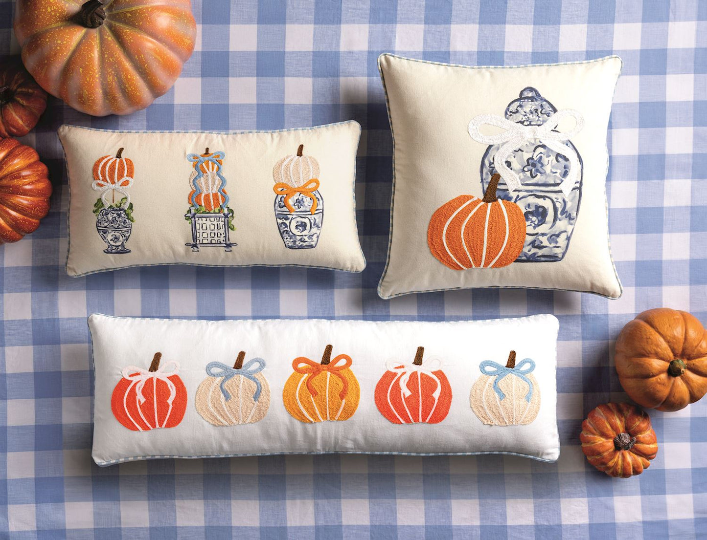 Lumber Applique Pillow - Chinoiserie with Pumpkins