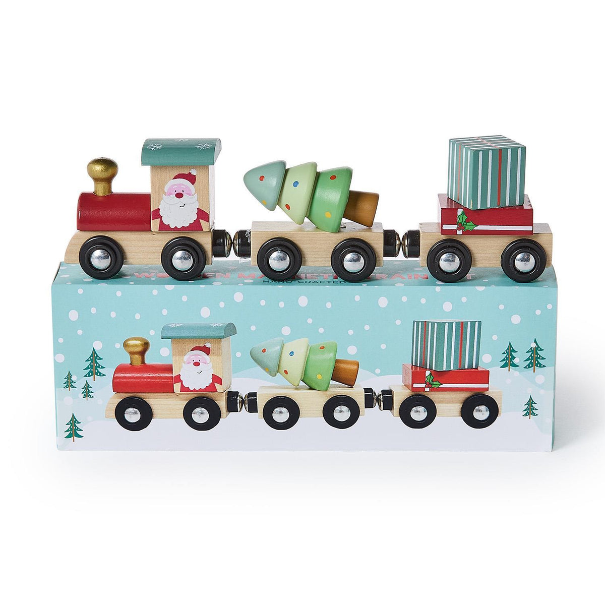 Santa 3-Piece Handcrafted Wooden Magnetic Train Set in Gift Box