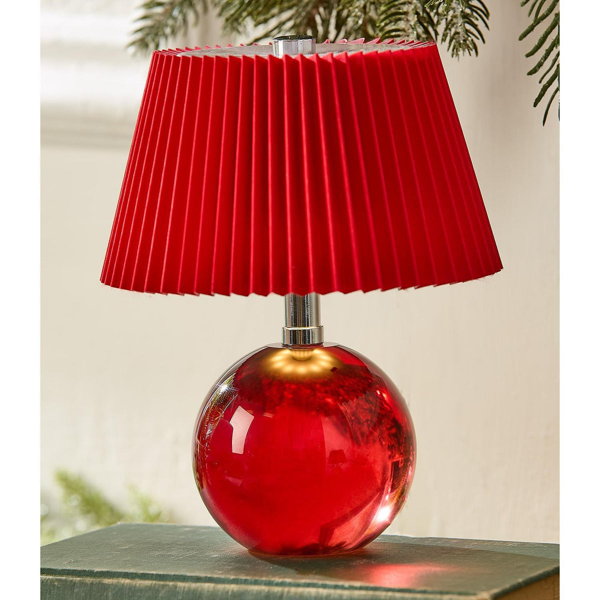 LED Cordless Glass Table w/Red Pleated Shade