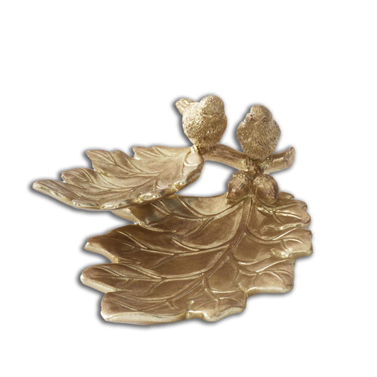 8.5" Gold Resin Leaf Tray w/ Birds