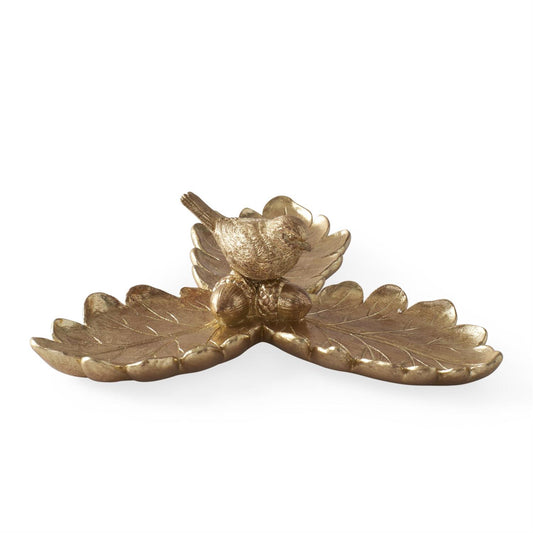 8.75" Gold Resin Leaf Tray w/ Bird