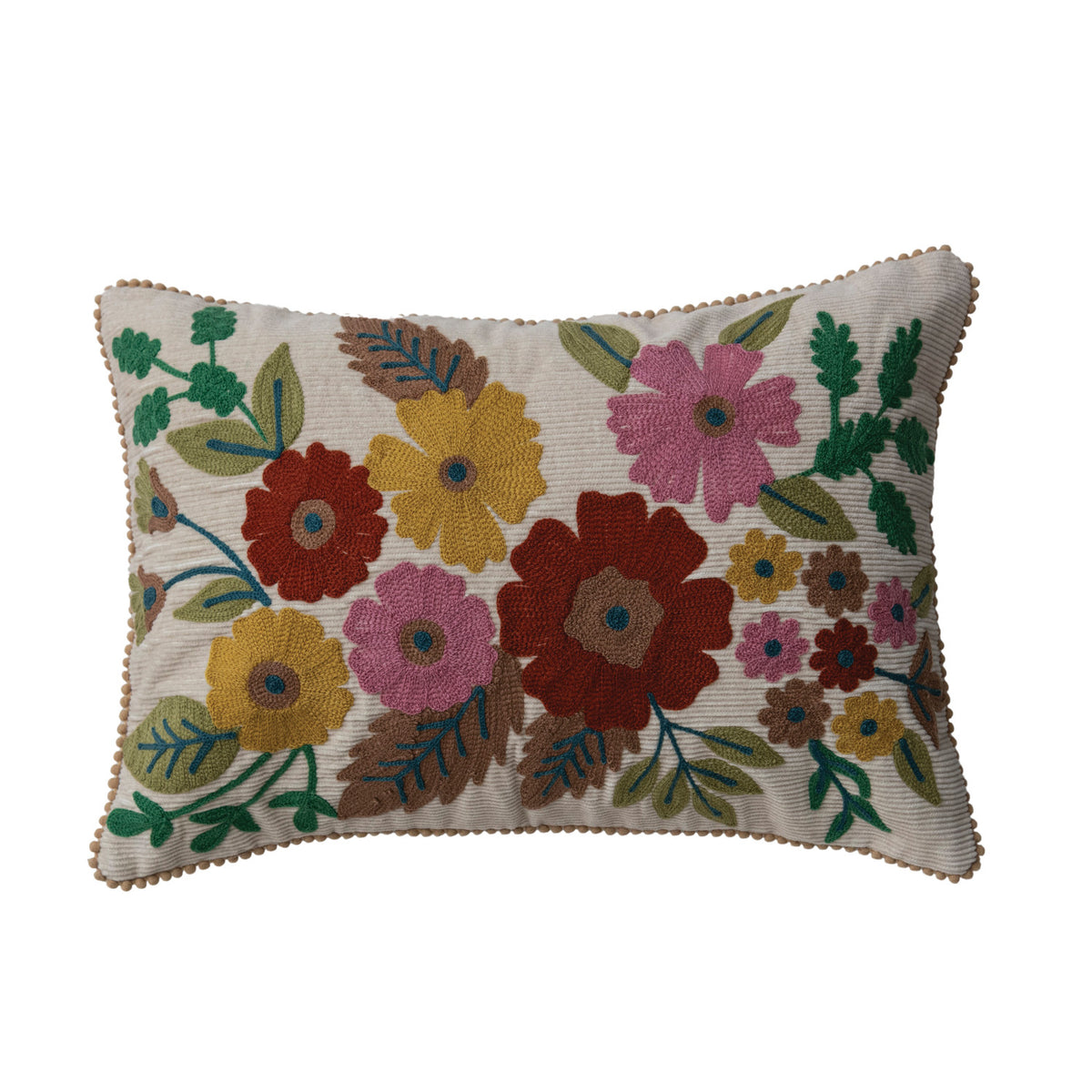 Cotton Corduroy Lumbar Pillow with Embroidered Flowers