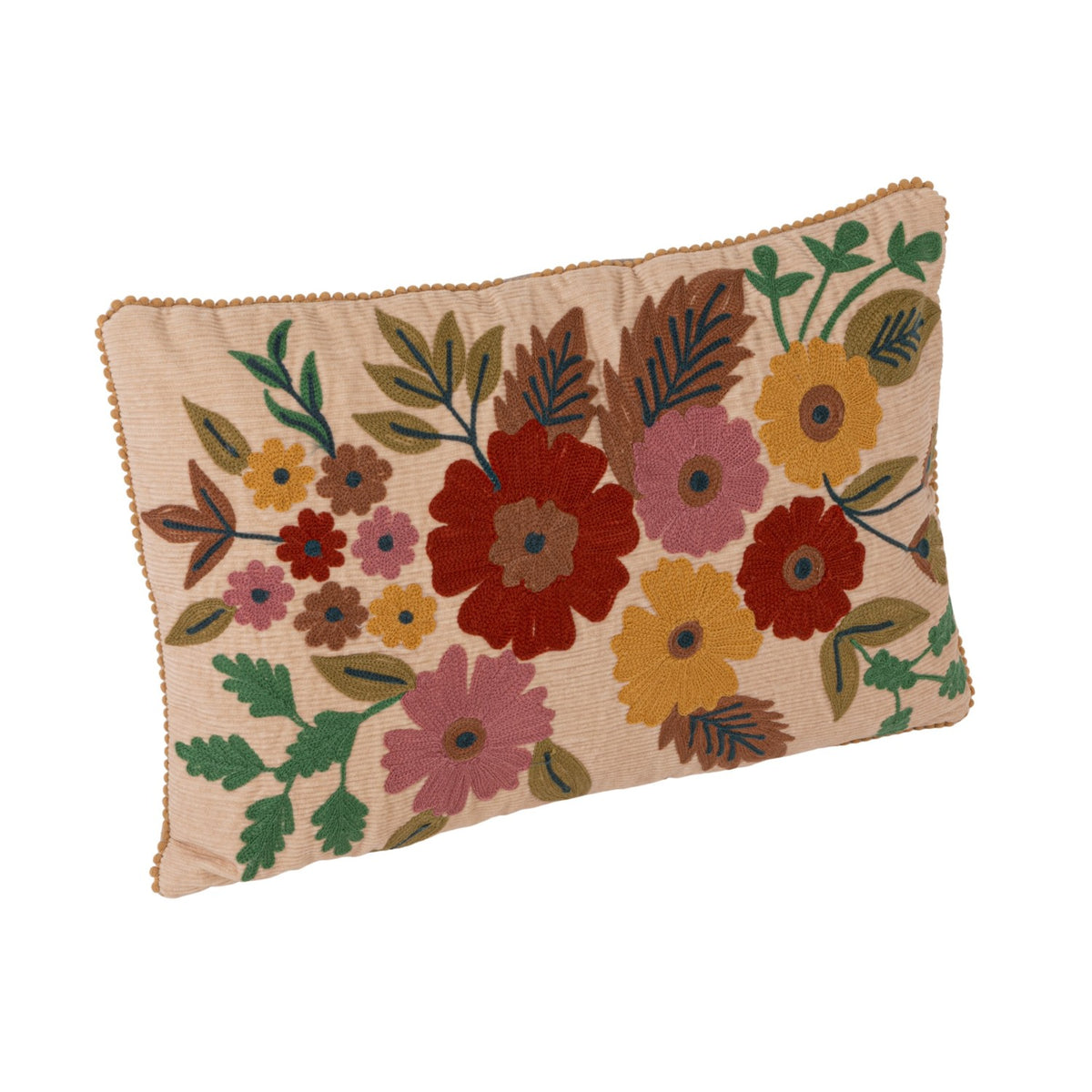 Cotton Corduroy Lumbar Pillow with Embroidered Flowers