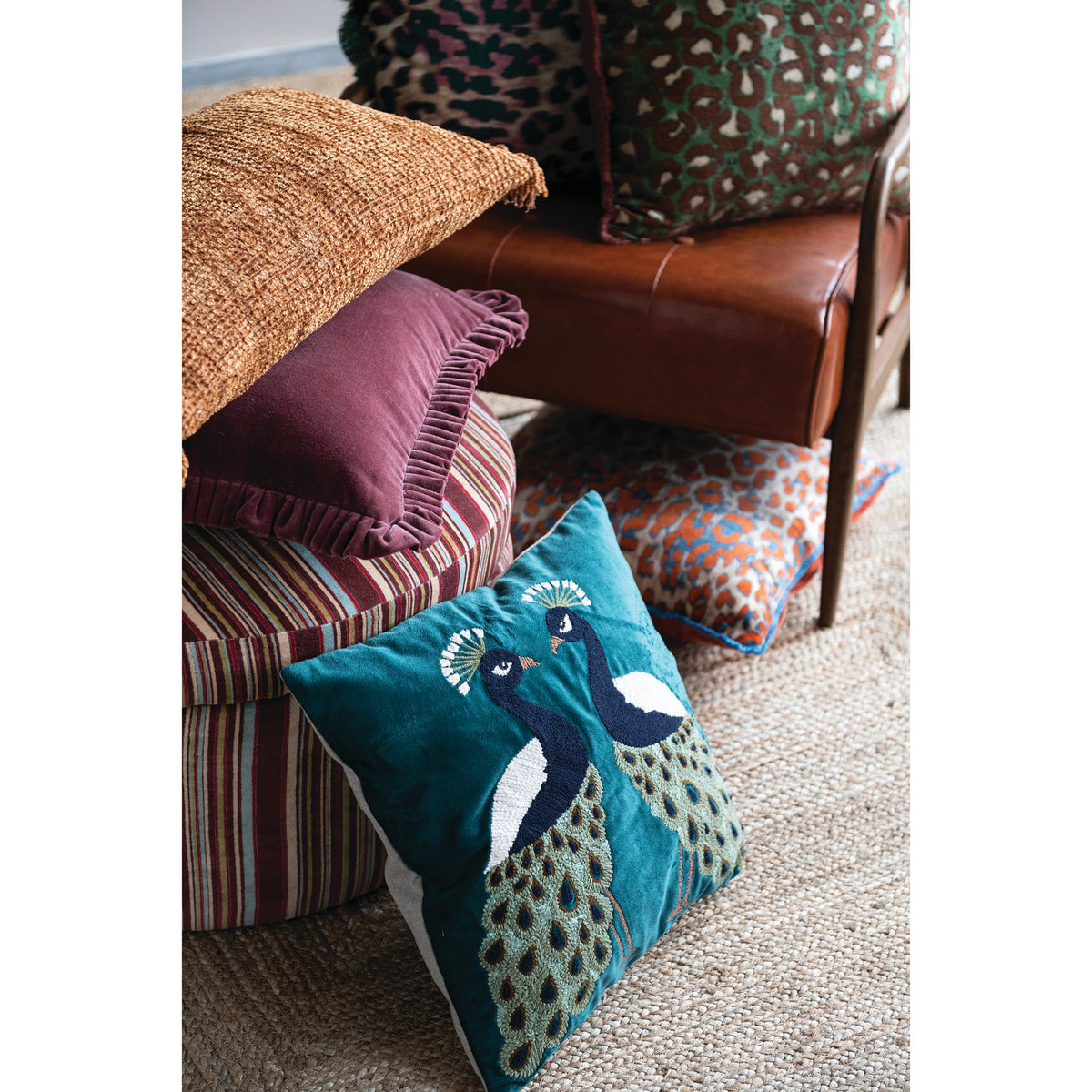 18" Square Velvet Pillow with Peacocks