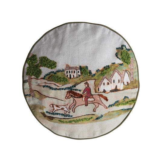 Cotton & Linen Pillow with Countryside Hunting Scene