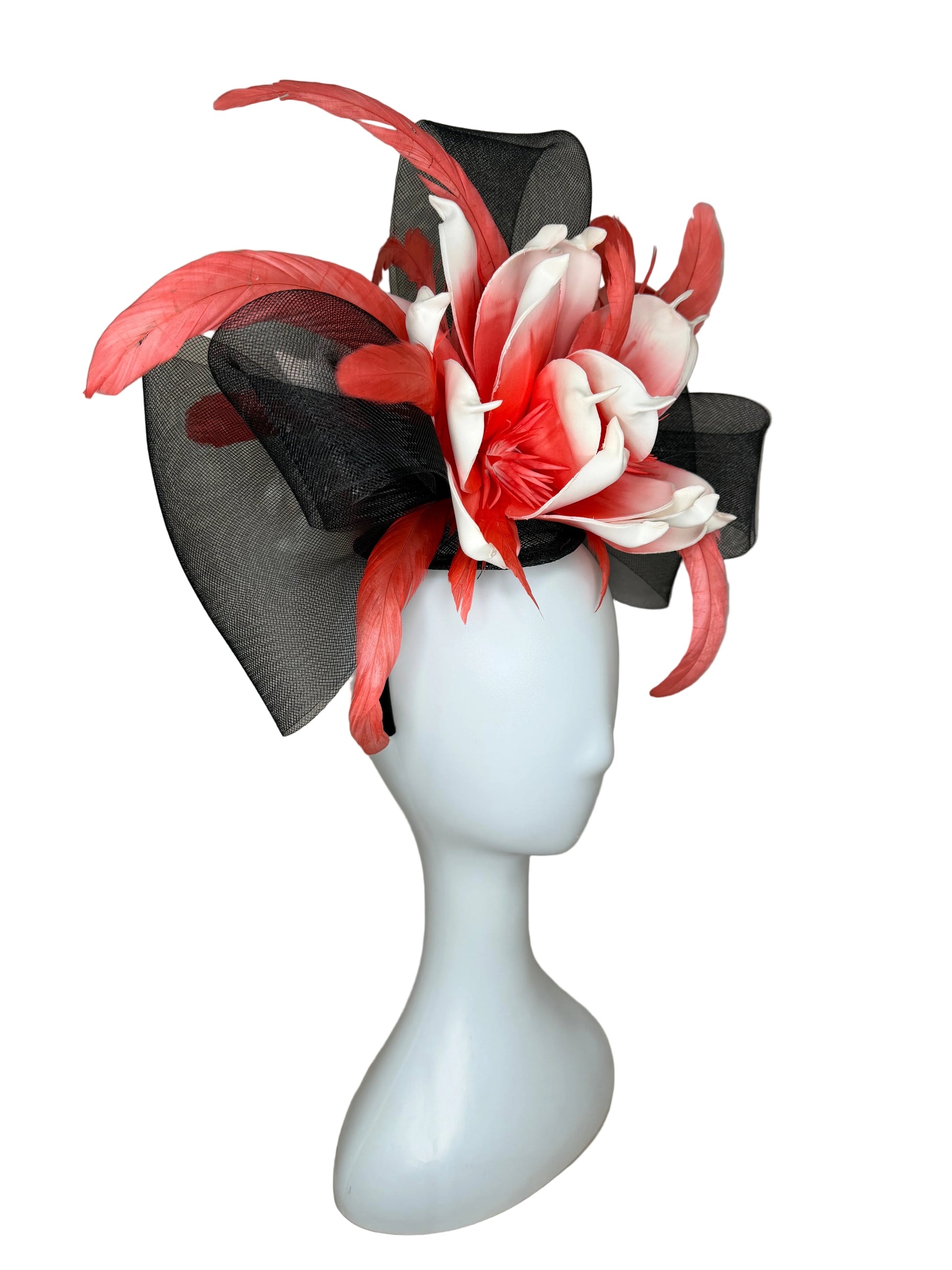 Black and red feathered headpiece on a mannequin head against a beige background