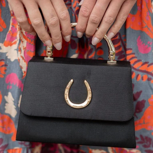 Black Faille Lulu Handbag with Gold Handle & Horseshoe