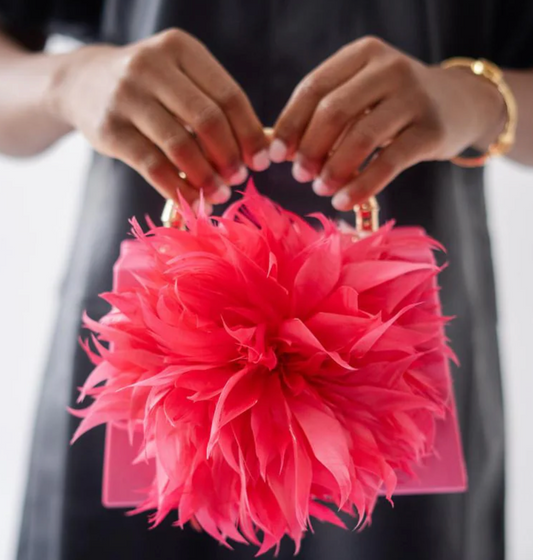 Pink Faille Lulu Handbag with Gold Handle & Hot Pink Feather