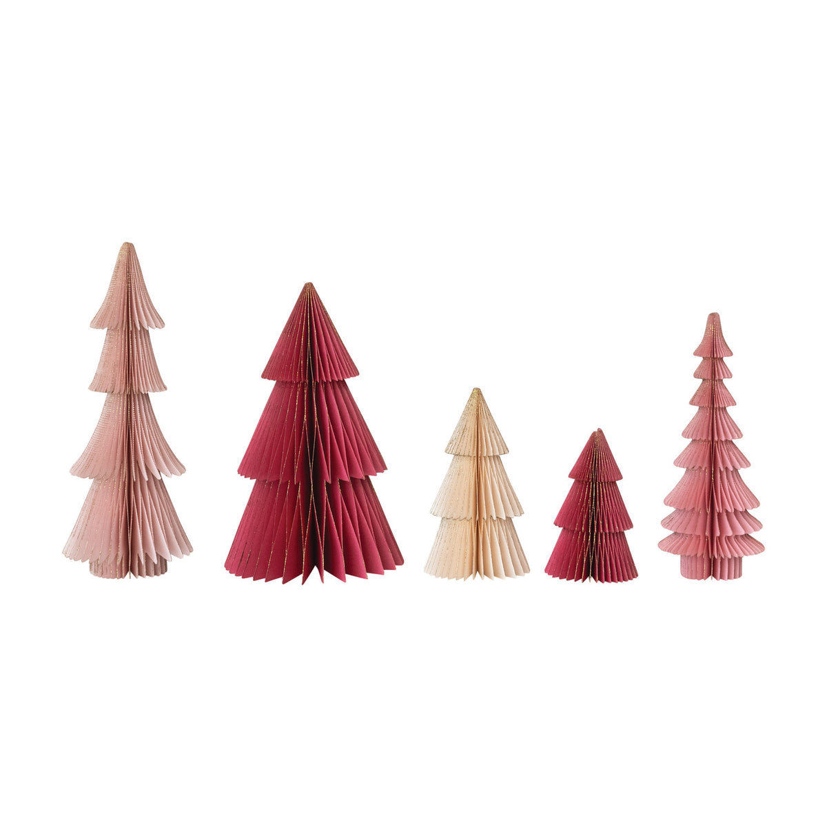 Set of five pink paperfolding honeycomb Christmas trees