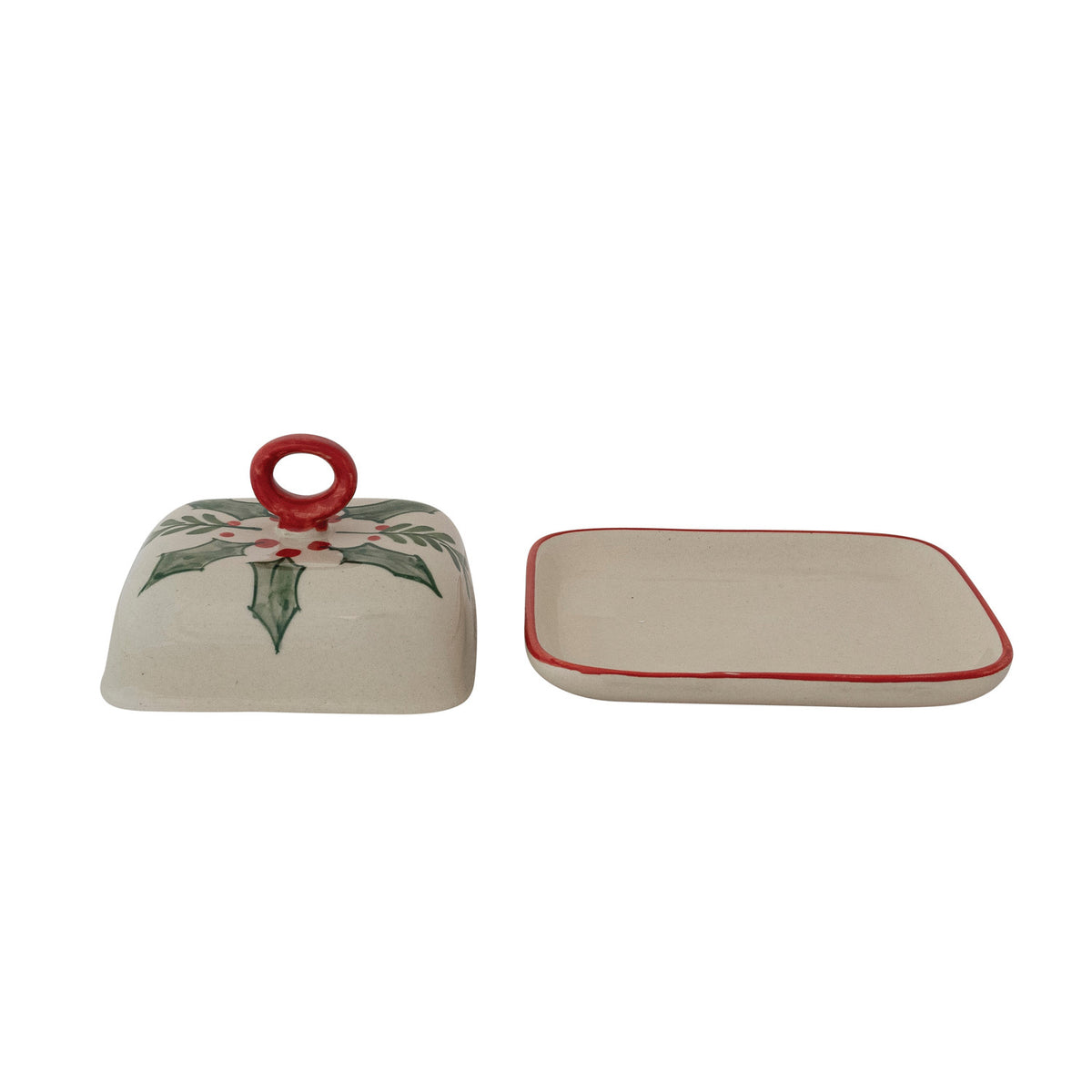 Stoneware Butter Dish with Holiday Botanicals & Colored Handle