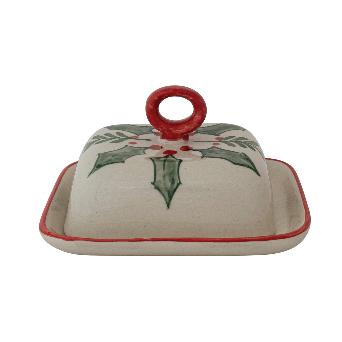 Stoneware butter dish with holiday botanicals and colored handle 