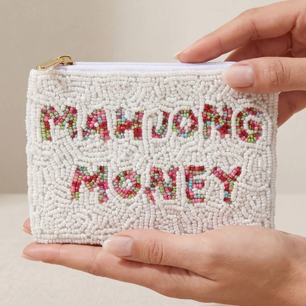 Fame Accessories Beaded Mahjong Coin Purse - Mahjong Money, White